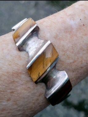Vintage Taxco Sterling Silver Tiger's Eye Cuff Bracelet Mid Century 38g